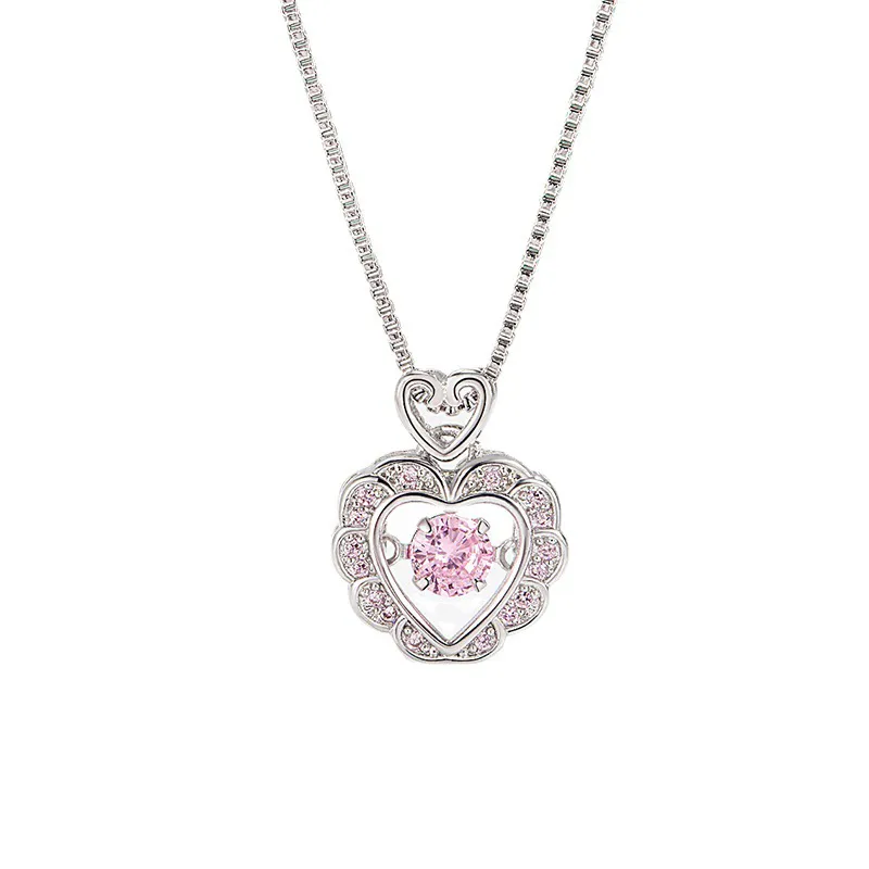 Wholesale Silver Plated Hollow Heart Shape Pendant Pink Zircon Birthstone Necklace