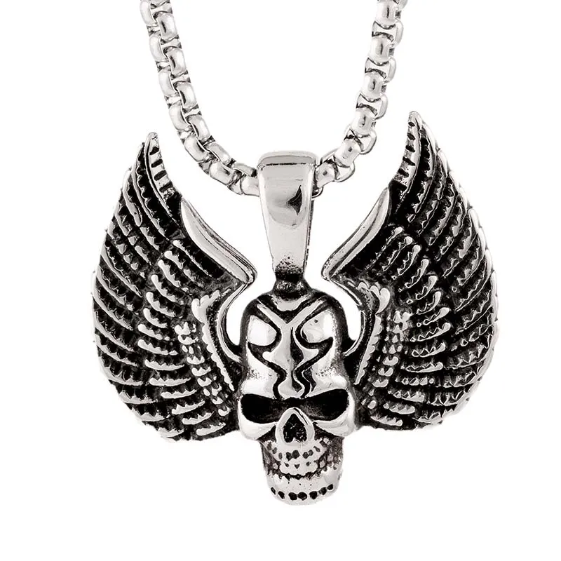 Custom 316L Stainless Steel Wings Skull Pendant NecklacePendant Necklace