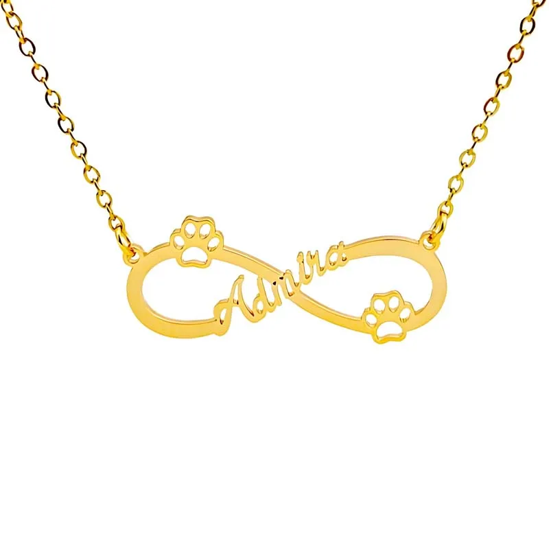 Customized Infinity Paw Print Name Necklace In Gold