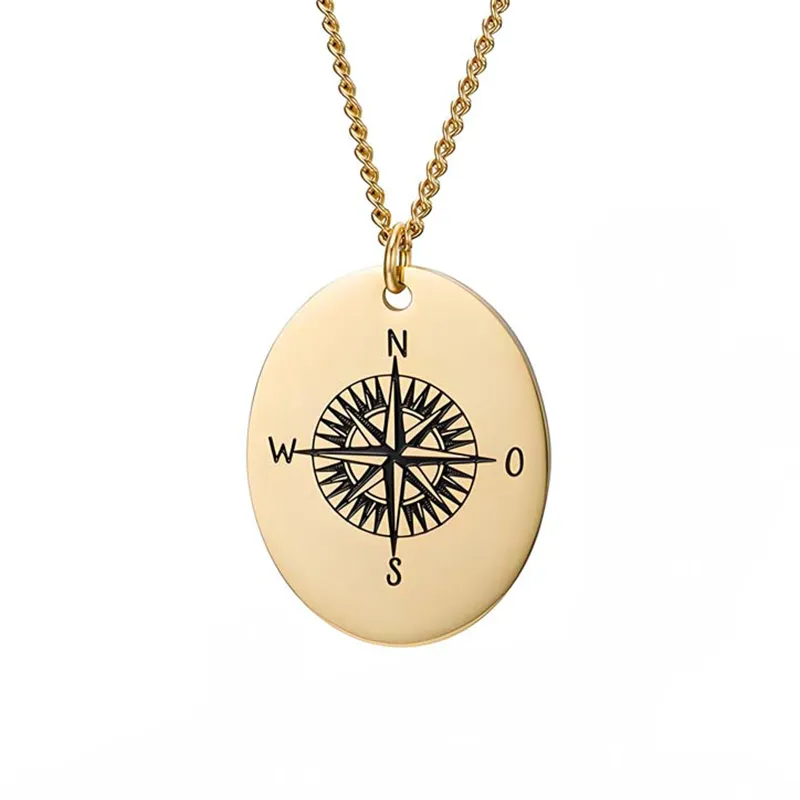 Stainless Steel Compass Pattern Dog Tag Necklace Custom Jewelry Logo Engraving for Online Boutiques