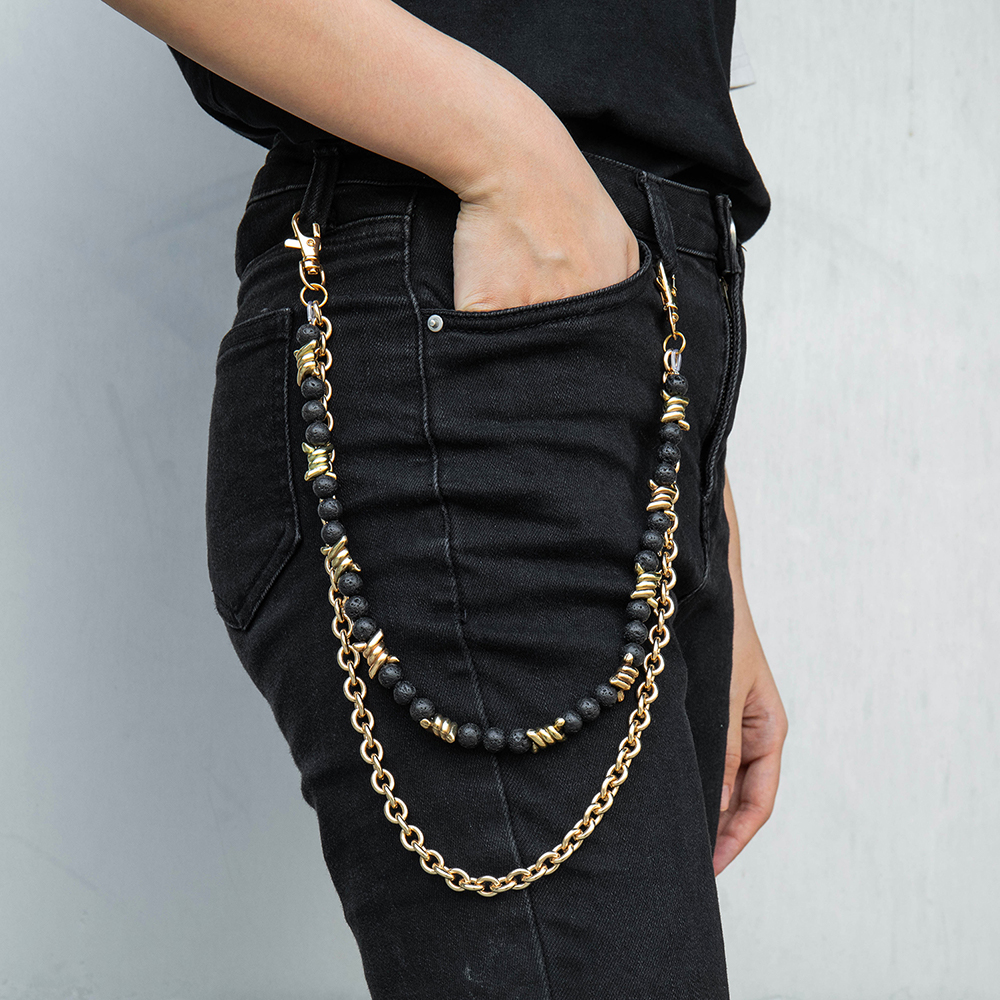 Streetwear Zinc Alloy Black Bead Thorn Barb Wire Double Layer Jean Chain for Start-up Jewelry Lines