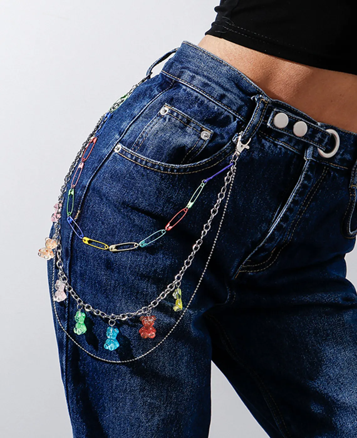 Colorful resin bead pant chain on blue straight-leg jeans