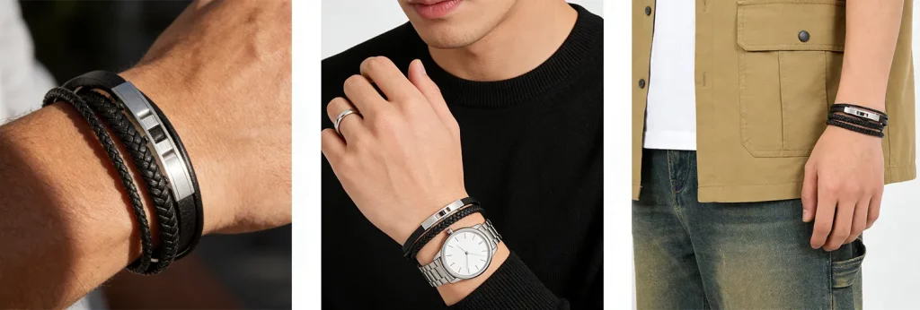 Custom 316L Stainless Steel Minimalist Leather Braided Bracelet for Men