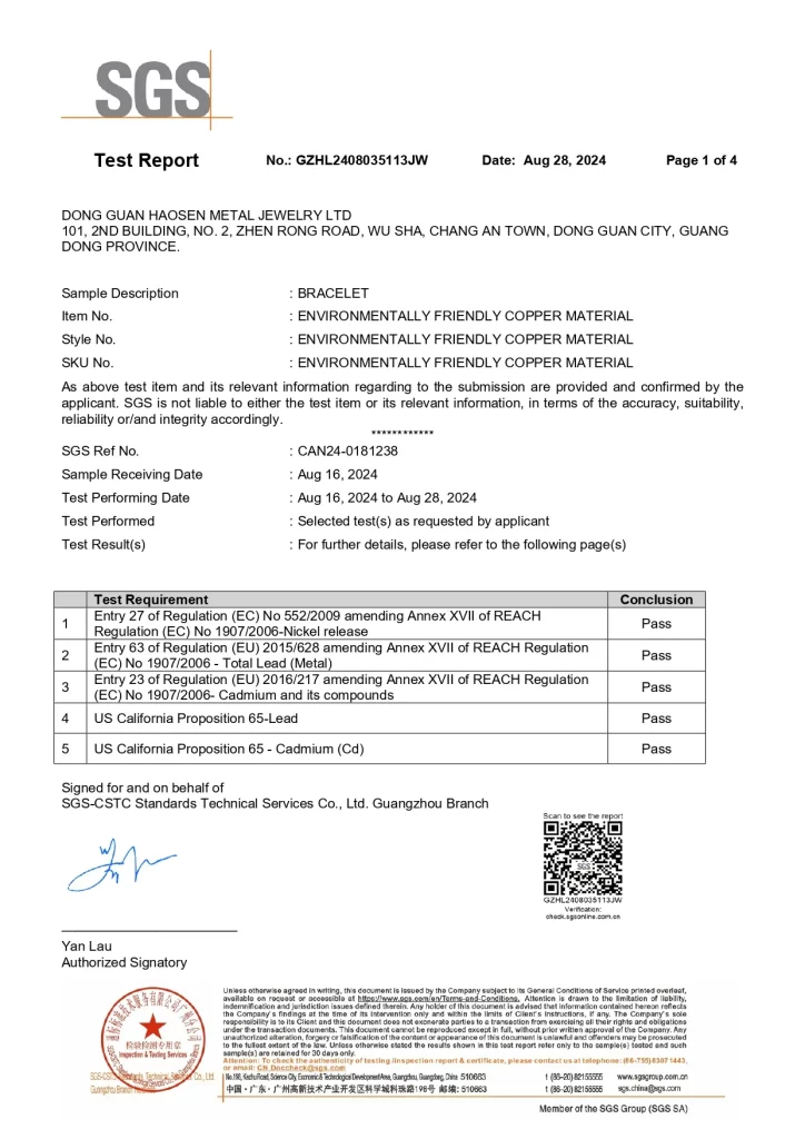 SGS Test Report page 1 showing "Pass" results for REACH and California Prop 65 compliance for a eco-friendly copper bracelet.