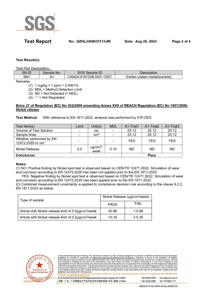 SGS Test Report page 2 for Nickel release on a eco-friendly copper bracelet, showing "Pass" with non-detectable levels.