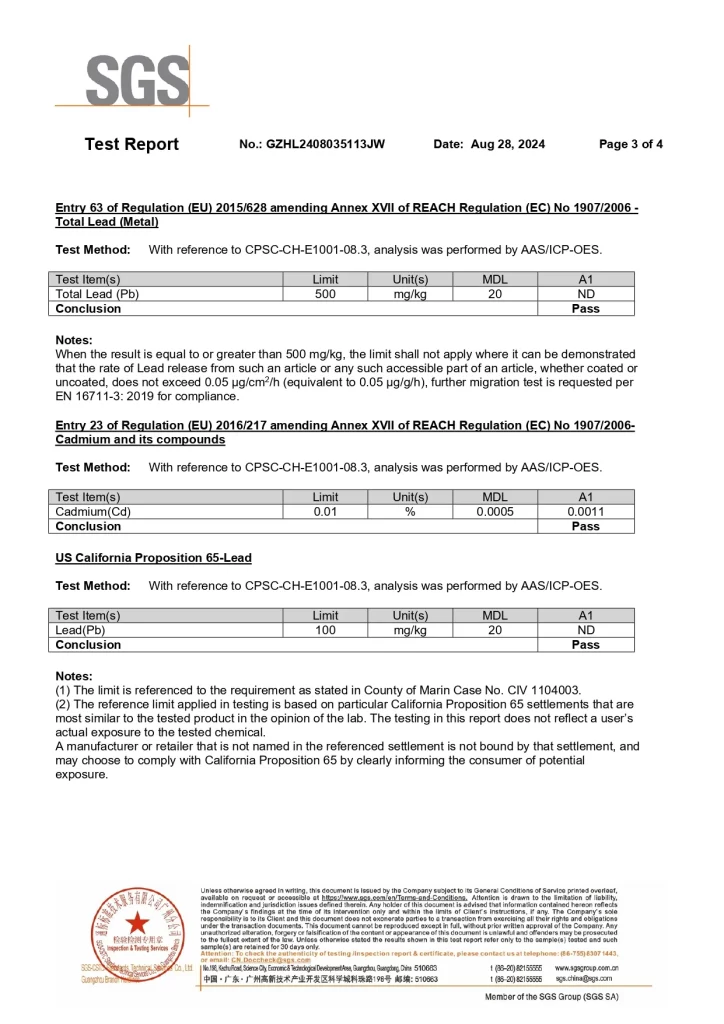 SGS Test Report page 3 data for Lead and Cadmium content, confirming compliance with REACH and US Prop 65 standards.