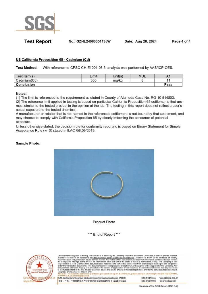 SGS Test Report page 4 with final Cadmium test results and a product photo of the golden eco-friendly copper bracelet.