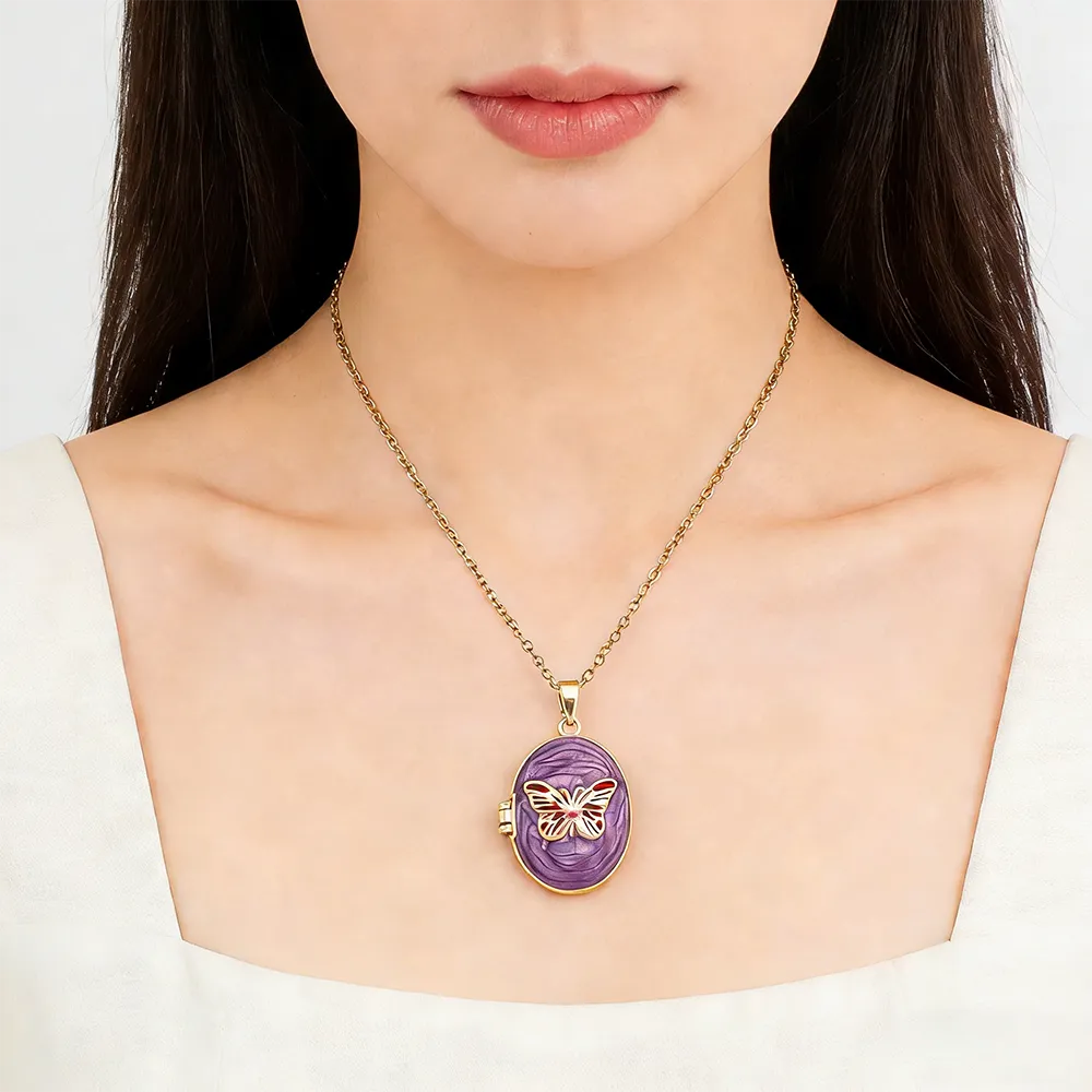 Female colored oval butterfly photo locket necklace for fashion brands