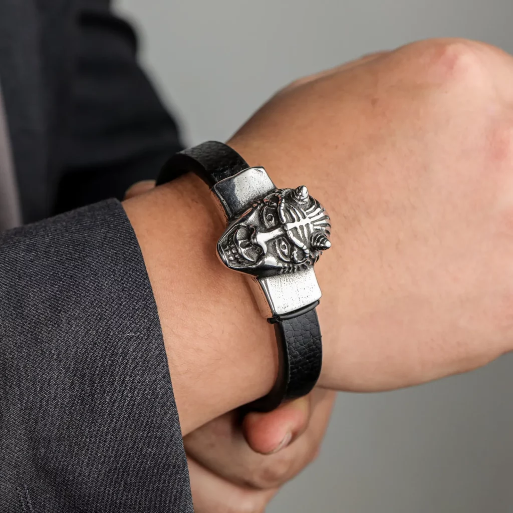 Male model wearing Stainless Steel leather bracelet for custom