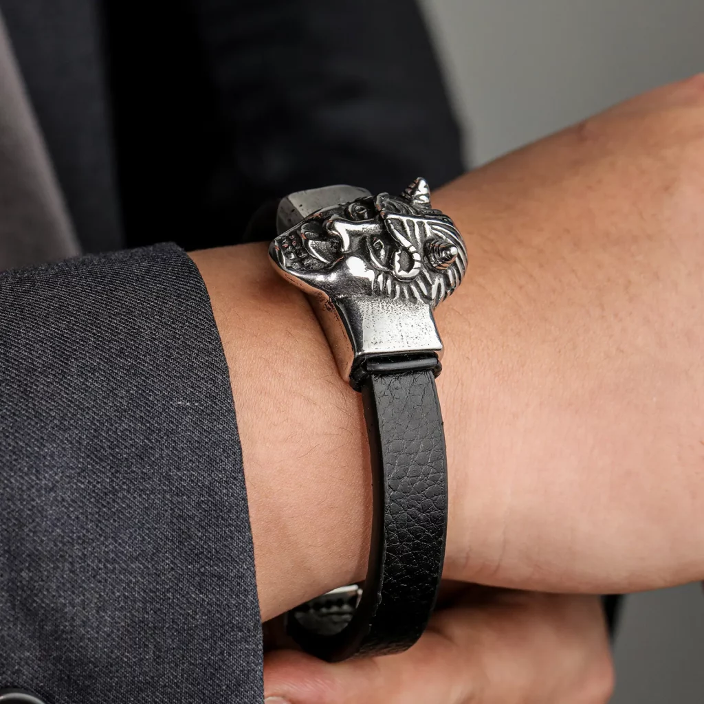 Male model wearing Stainless Steel leather bracelet for Scaling brand