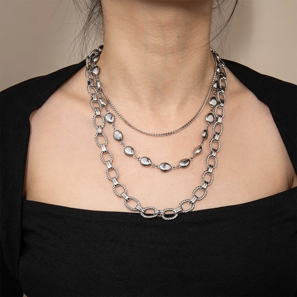 OEM stainless steel multi-layered chain necklace with silver teardrop supplier