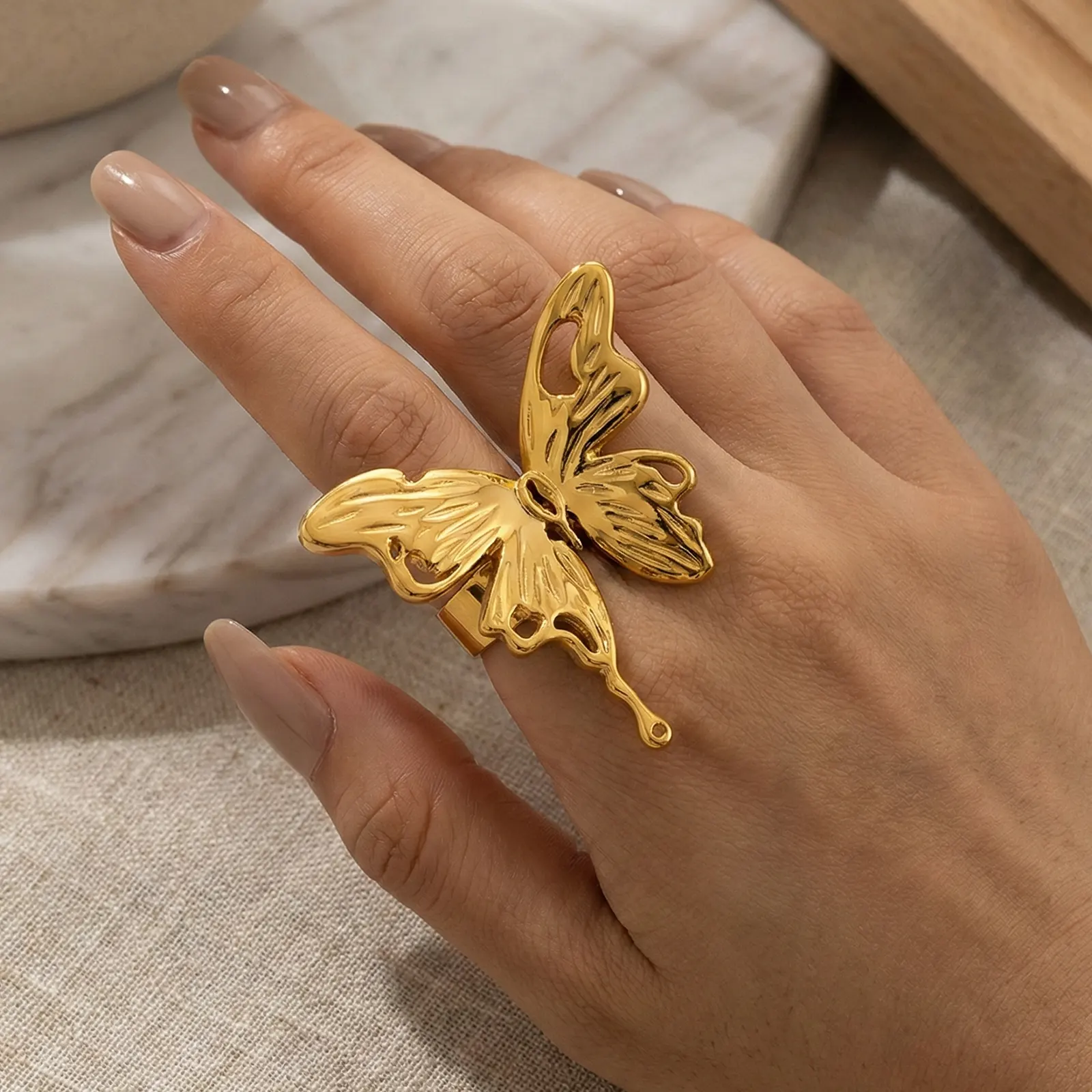 316L Stainless Steel Statement Butterfly Adjustable Open Ring for private label jewelry brands Haosen Custom Jewelry Factory