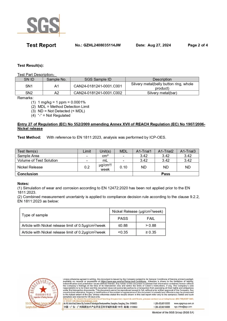 Detailed test results for Nickel release. The report shows that the silvery metal sample (A1) passed the EN 1811:2023 standard, with Nickel release levels recorded as "ND" (Not Detected).