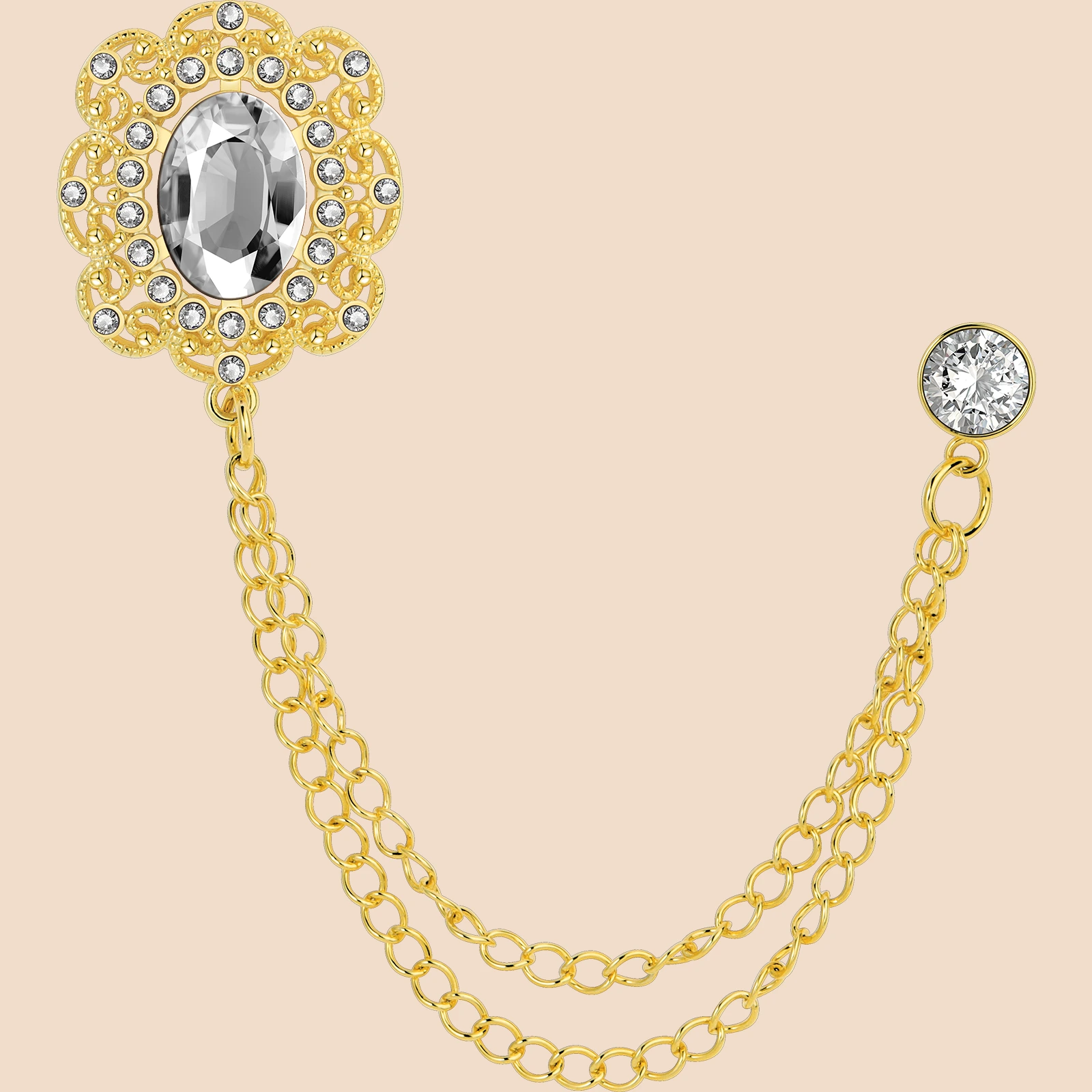 Vintage Zircon Double Chain Suit Brooch | French Luxury Lapel Pin for Men’s Formal Wear