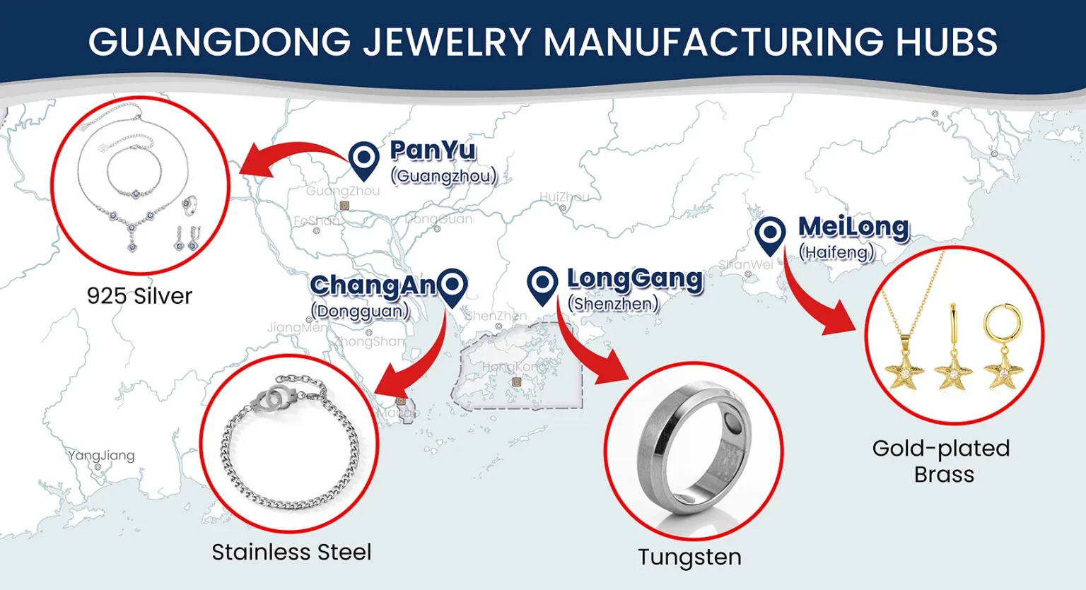 Map of jewelry manufacturing hubs in Guangdong, China, including Panyu for silver and Chang'an for stainless steel jewelry production.