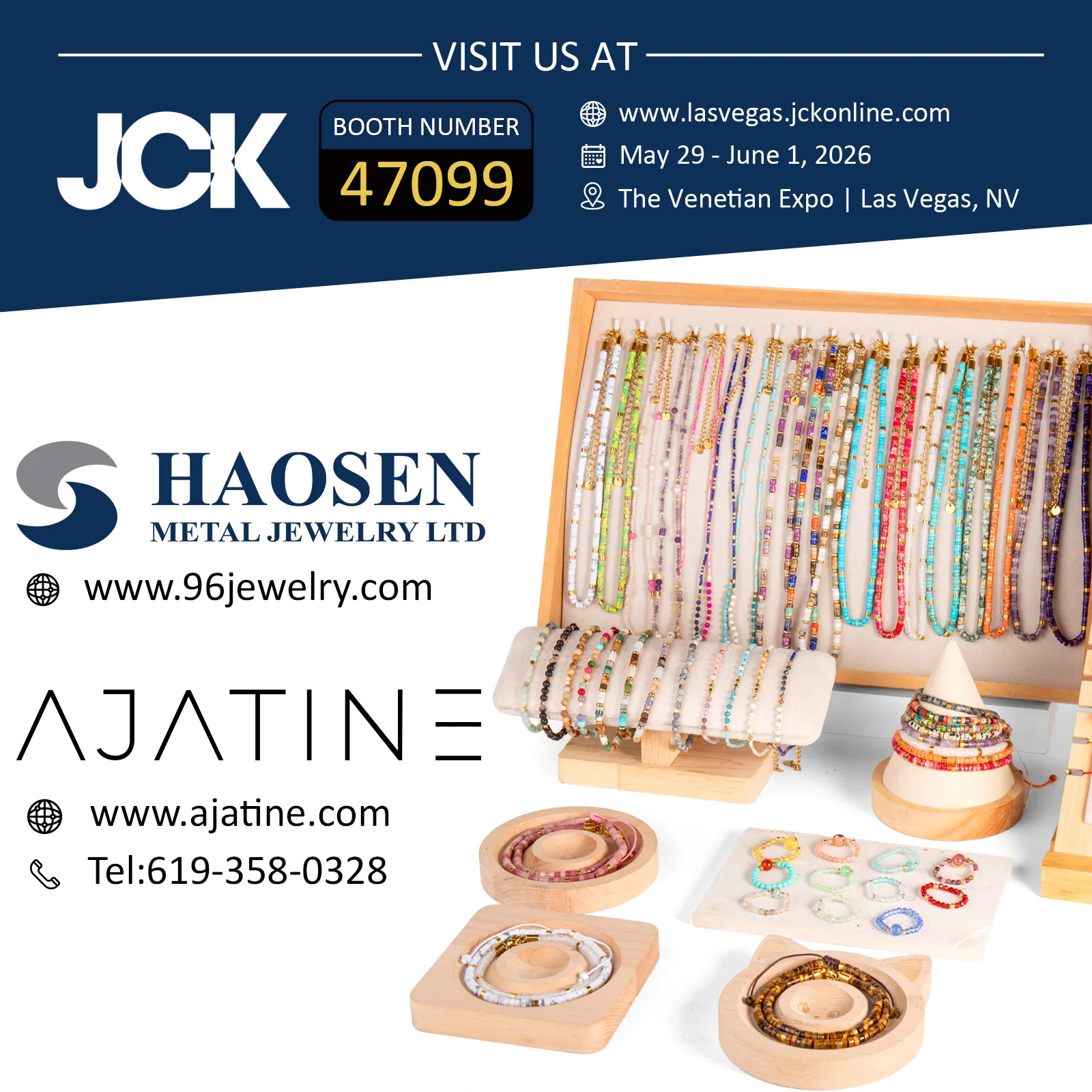 Colorful beaded necklaces and bracelets by HAOSEN Metal Jewelry, showcased at JCK Las Vegas Expo from May 29 to June 1, 2026.